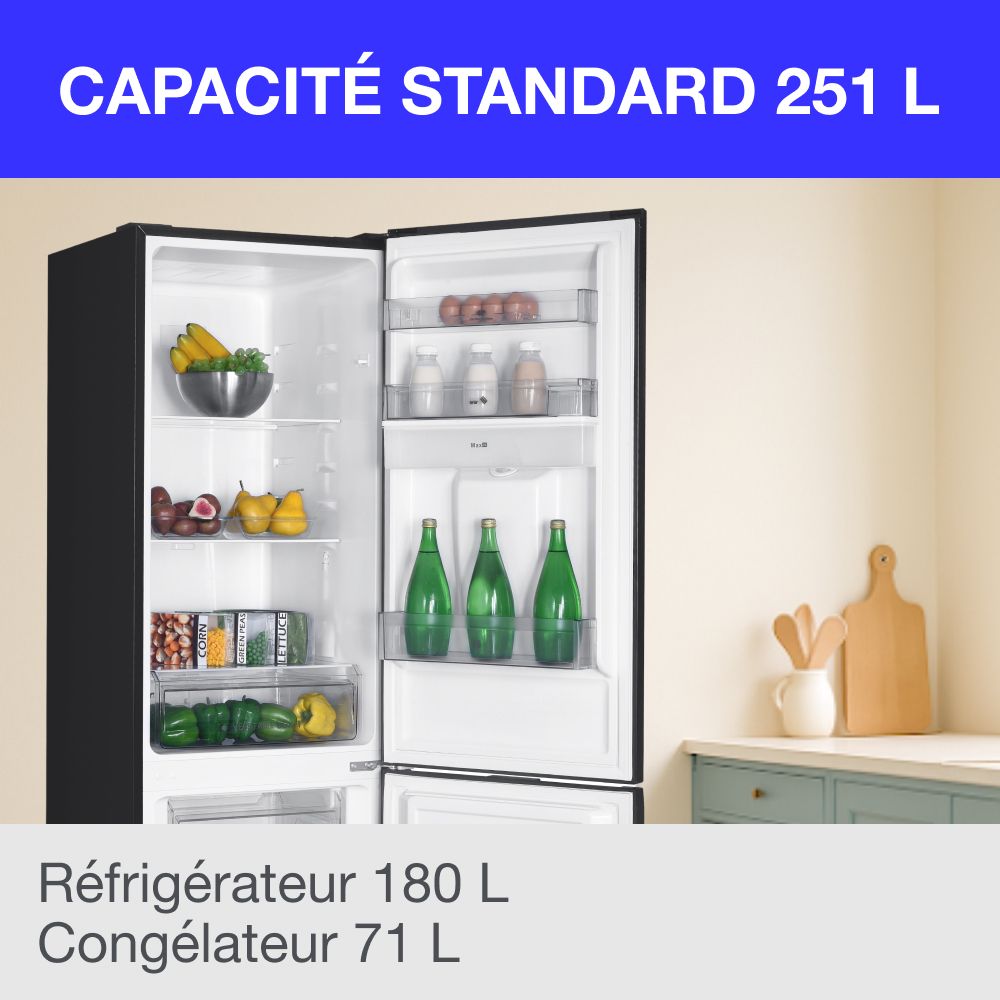 Réfrigérateur congélateur bas CONTINENTAL EDISON - 251L -Total No Frost(Sans givre) - Noir - L 55 cm x H 180 cm – Image 2
