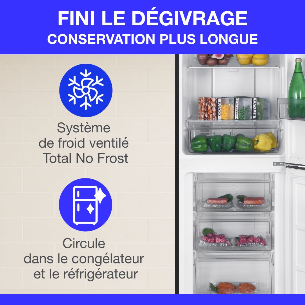Réfrigérateur congélateur bas CONTINENTAL EDISON - 251L -Total No Frost(Sans givre) - Noir - L 55 cm x H 180 cm – Image 6