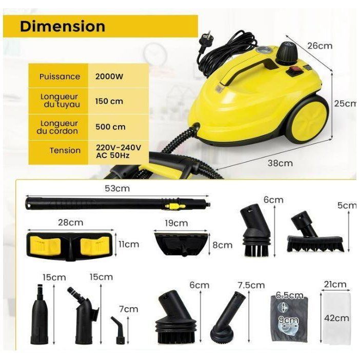 Nettoyeur Vapeur Haute Pression 2000W - RELAX4LIFE - 1,8 L Réservoir d'Eau - 5 Bar - 13 Accessoires - Balai Vapeur Portable - Jaune – Image 5