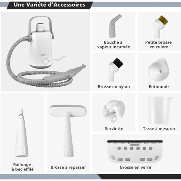 RELAX4LIFE Nettoyeur Vapeur à Main 1000 W | Réservoir 300 ml | 10 Accessoires | Balai Vapeur pour Tapis/Fenêtre/Rideau | Blanc-Gris – Image 5