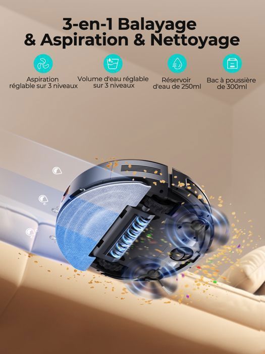 Aspirateur Robot Laveur-Airzeen-3000 Pa-3 EN 1-Chargement automatique-Nettoyage Programmé-App/Alexa Contrôle-Idéal pour Les Poils – Image 3