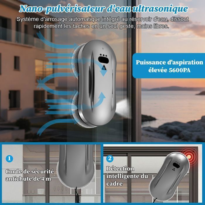 Robot Laveur Vitre Electrique 5600Pa - 50ml Double Pulvérisation - Nettoyage automatique 3 Modes - Moteur sans balais - 10 Chiffons – Image 2
