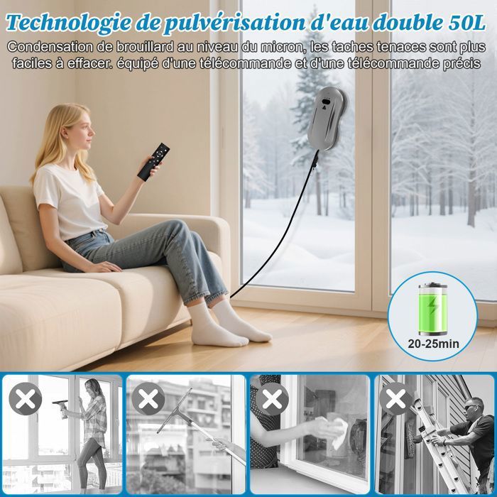 Robot Laveur Vitre Electrique 5600Pa - 50ml Double Pulvérisation - Nettoyage automatique 3 Modes - Moteur sans balais - 10 Chiffons – Image 3