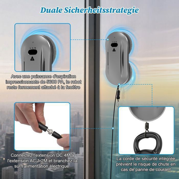 Robot Laveur Vitre Electrique 5600Pa - 50ml Double Pulvérisation - Nettoyage automatique 3 Modes - Moteur sans balais - 10 Chiffons – Image 4