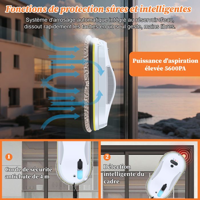 Robot Laveur Vitre Electrique 5600Pa - 40ml Réservoir Pulvérisation d'eau - Nettoyage automatique 3 Modes, Télécommande&10 Chiffons – Image 2