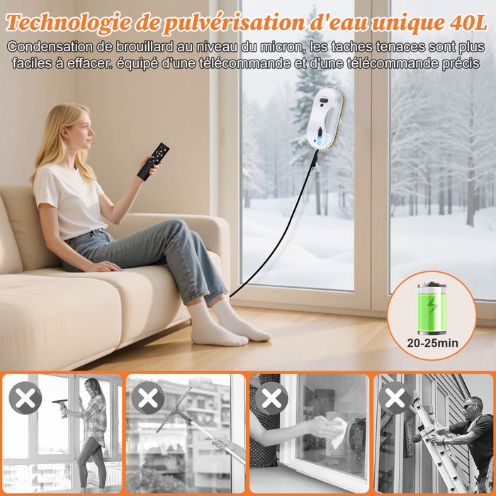 Robot Laveur Vitre Electrique 5600Pa - 40ml Réservoir Pulvérisation d'eau - Nettoyage automatique 3 Modes, Télécommande&10 Chiffons – Image 4