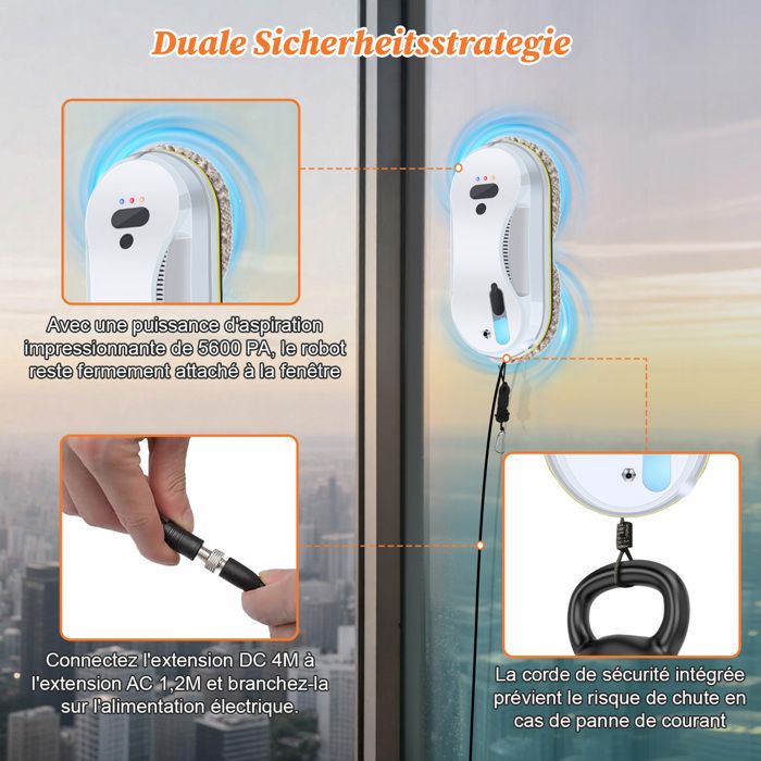 Robot Laveur Vitre Electrique 5600Pa - 40ml Réservoir Pulvérisation d'eau - Nettoyage automatique 3 Modes, Télécommande&10 Chiffons – Image 5