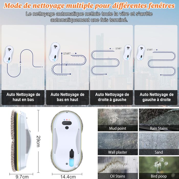 Robot Laveur Vitre Electrique 5600Pa - 40ml Réservoir Pulvérisation d'eau - Nettoyage automatique 3 Modes, Télécommande&10 Chiffons – Image 6