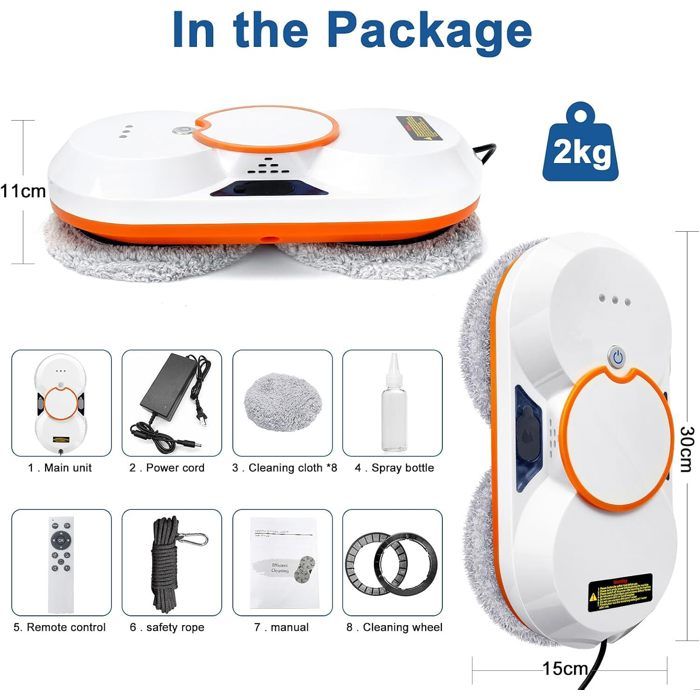 Robot nettoyeur de vitres, robot nettoyeur vitres électrique avec télécommande, corde de sécurité réservoir d'eau de 60 ml, 3800 Pa – Image 3