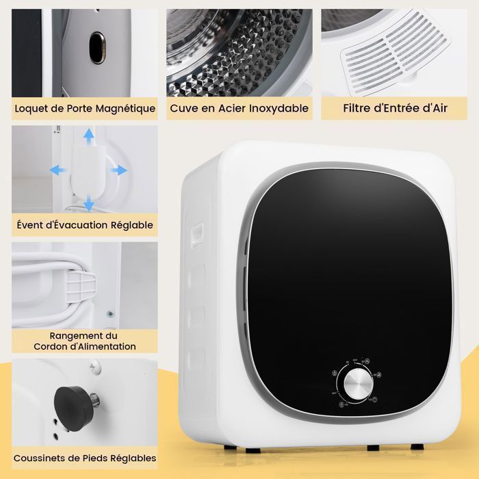Sèche-linge à Evacuation 800W 4KG COSTWAY-5 Programmes-Air Froid Doux-Tambour en Acier Inoxydable-Filtration Multiple-Appartement – Image 5