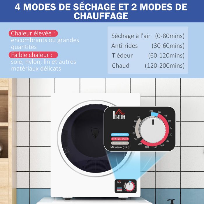 Séchoir linge portable - 850W, 33L - filtrage 2 couches - 5 modes - installation murale ou à poser - blanc – Image 5
