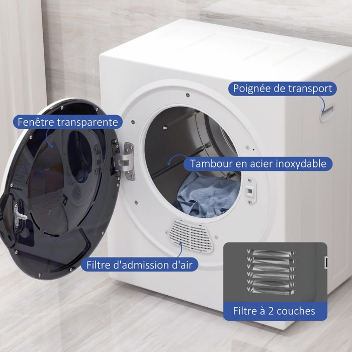 Séchoir linge portable - 850W, 33L - filtrage 2 couches - 5 modes - installation murale ou à poser - blanc – Image 6