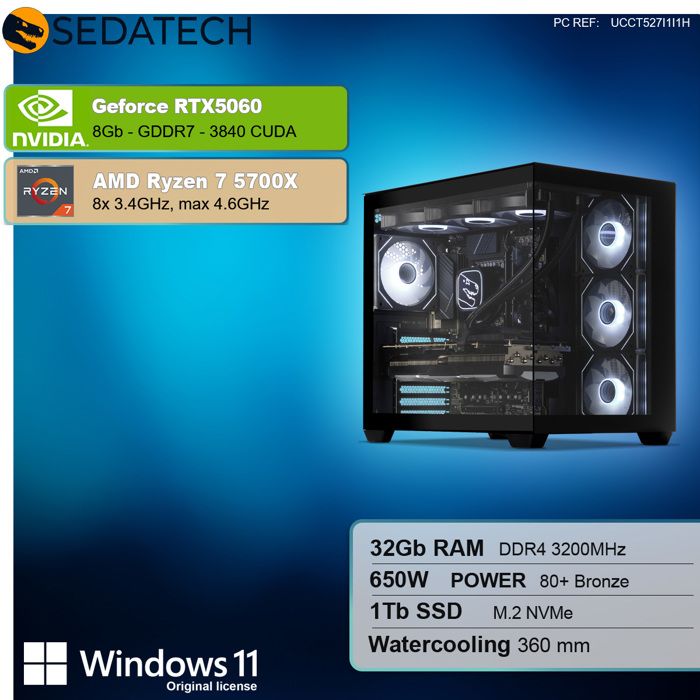 Sedatech PC Gamer Advanced Watercooling Maxi Vision • AMD Ryzen 7 5700X • RTX5060 • 32Go RAM • 1To SSD M.2 • Windows 11 – Image 2