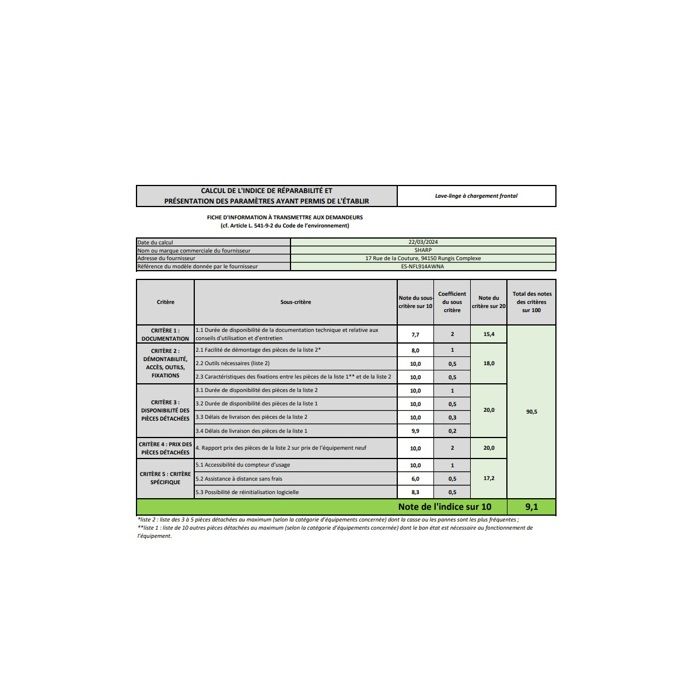 Sharp Lave-linge 9kg 1400 tours/min - ESNFL914AWNA – Image 4