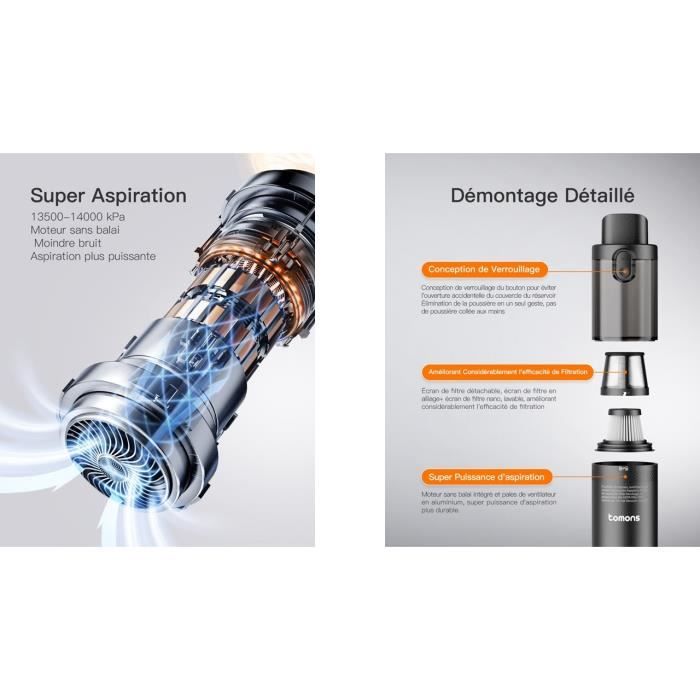 Aspirateur à main - TOMONS - 14000PA - Filtre HEPA - Sans sac - Rechargeable – Image 2