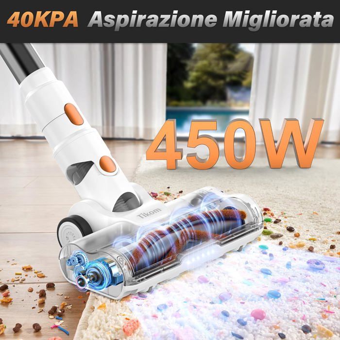 V500 Aspirateur Sans Fil 40Kpa/450W,Aspirateur Balai Sans Fil Avec Chargeur Murale,Écran Led Tactile,Aspirateur Laveur Anti-Enchev – Image 2