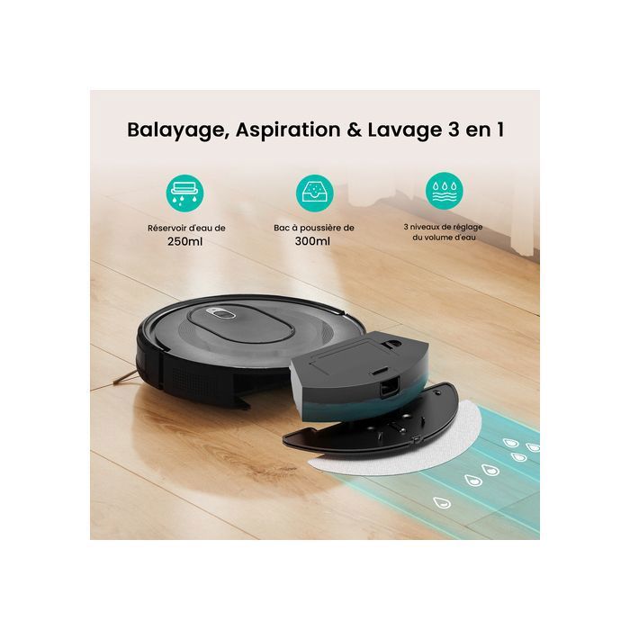 Vactidy Cleanova W7- 4000 Pa Aspirateur Robot Laveur 3 en 1- 120min d'Autonomie - Connecté Alexa/APP/IFTTT - Ultra Silencieux 55 dB – Image 4