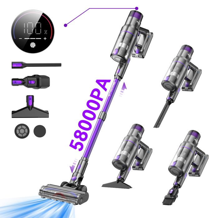 Vistefly V15s Max Aspirateur Balai sans Fil 580W, 58Kpa Aspirateur sans Fil Puissant , Écran Tactile LED Autonomie 70min - Sans Sac