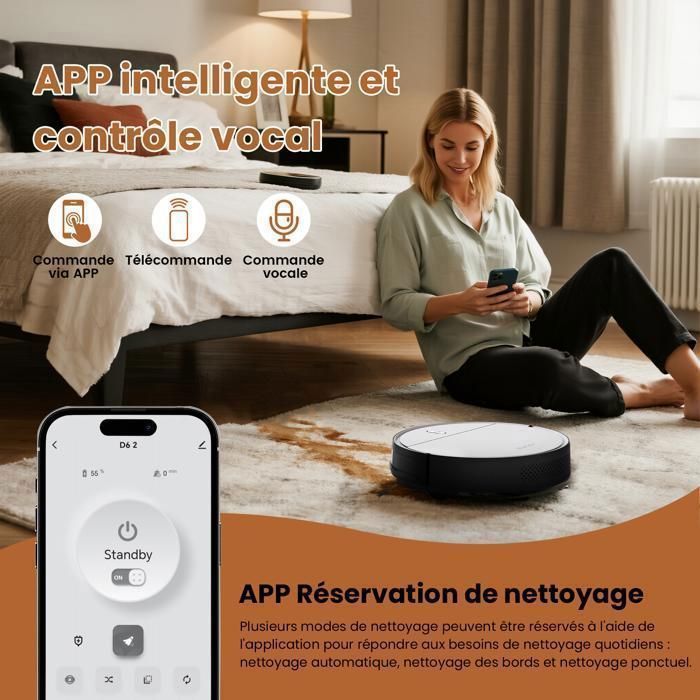 Zynet-D6 Robot aspirateur 3000Pa, 120Min, recharge automatique, APP/WiFi/Alexa/Siri Control, multi-mode – Image 4