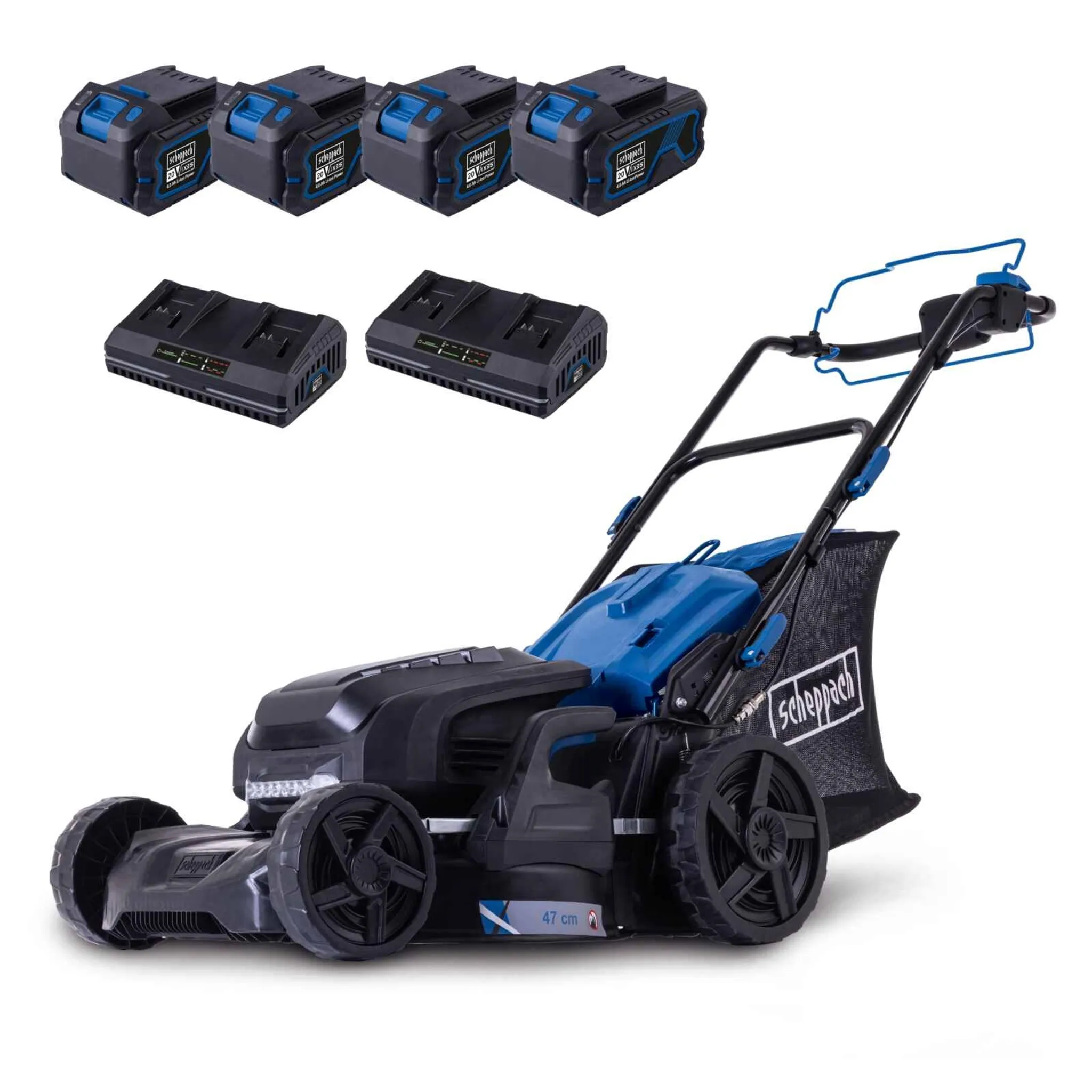 Scheppach Akku Rasenmäher BC-MP470-X - 47cm Schnittbreite | 800-900 m2 | Vario Radantrieb | LED | 7-fach Schnitthöhe | inkl. 4x 4Ah Akku & 2xLadegerät