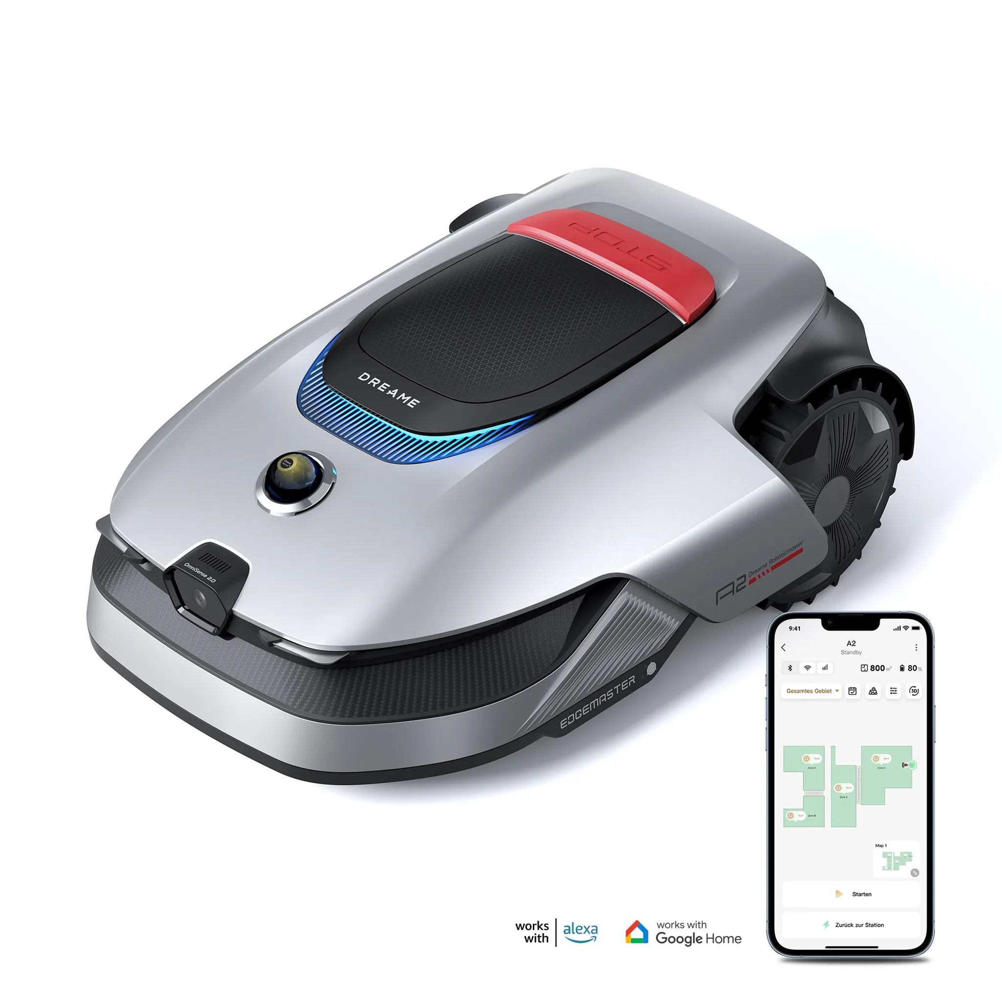 DREAME Mähroboter A2,Auto-Begrenzungseinrichtung,Dual-Fusion-Kartierung,OmniSense™ 2.0-Hindernisvermeidung,EdgeMaster™-Schneidsystem,Smart-App, Silber